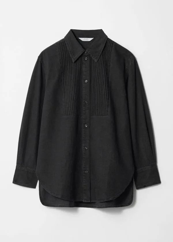 and Other Stories Pleated Denim Shirt Black Women Blouses and Shirts