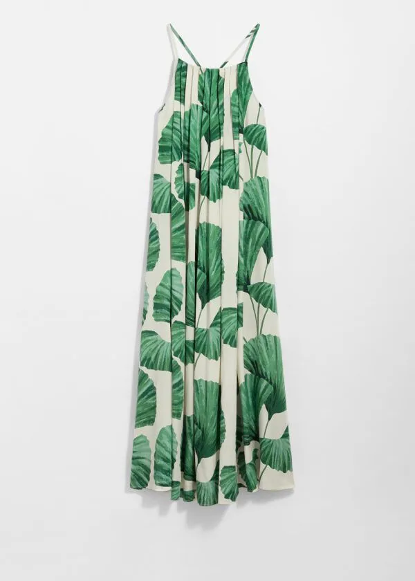 and Other Stories Pleated Halterneck Maxi Dress Green Florals Women Dresses