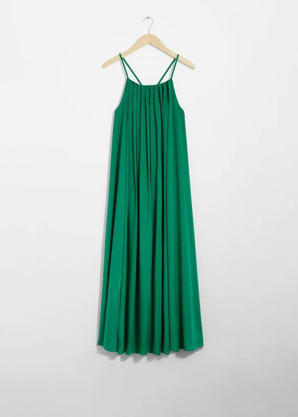 and Other Stories Pleated Halterneck Maxi Dress Green Women Dresses