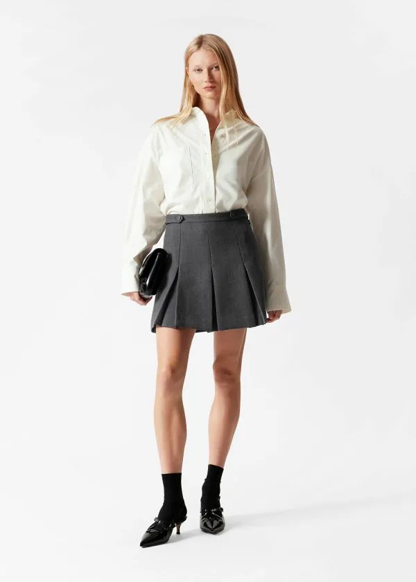 and Other Stories Pleated Herringbone Mini Skirt Grey Women Skirts