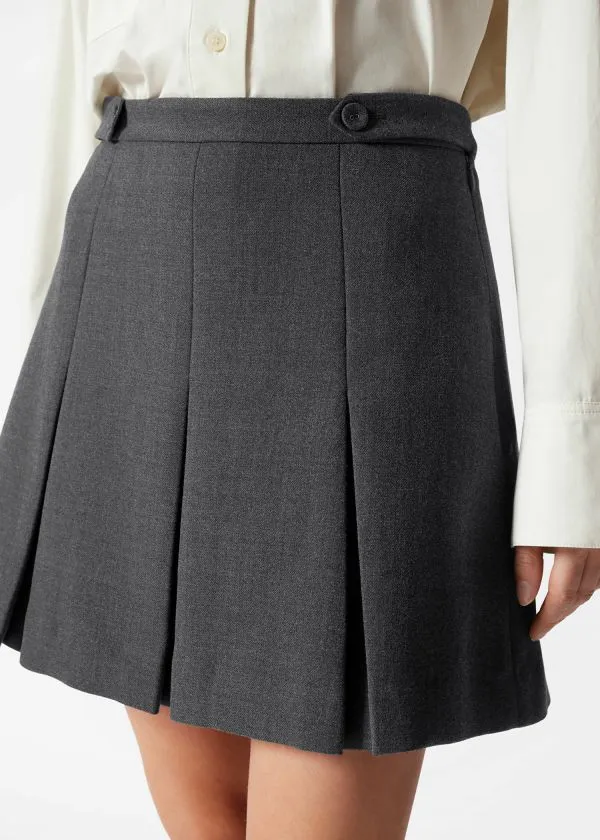 and Other Stories Pleated Herringbone Mini Skirt Grey Women Skirts