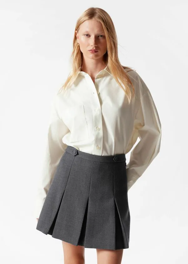 and Other Stories Pleated Herringbone Mini Skirt Grey Women Skirts