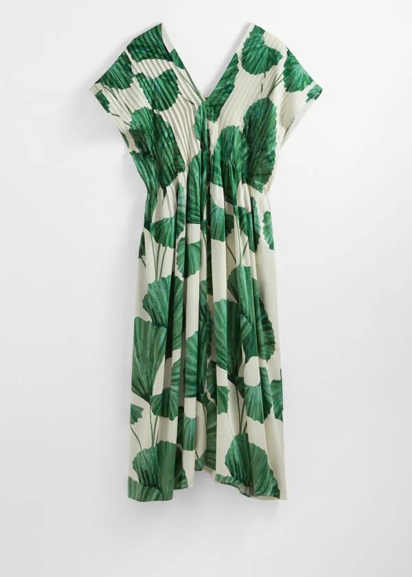 and Other Stories Pleated Midi Dress Greenandwhite Women Dresses