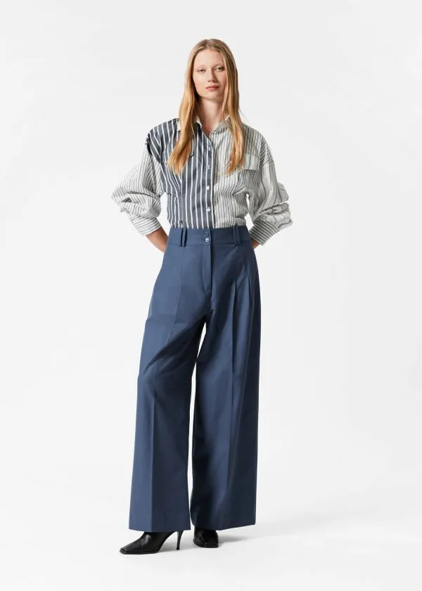 and Other Stories Pleated Wool Trousers Dark Blue Women Trousers