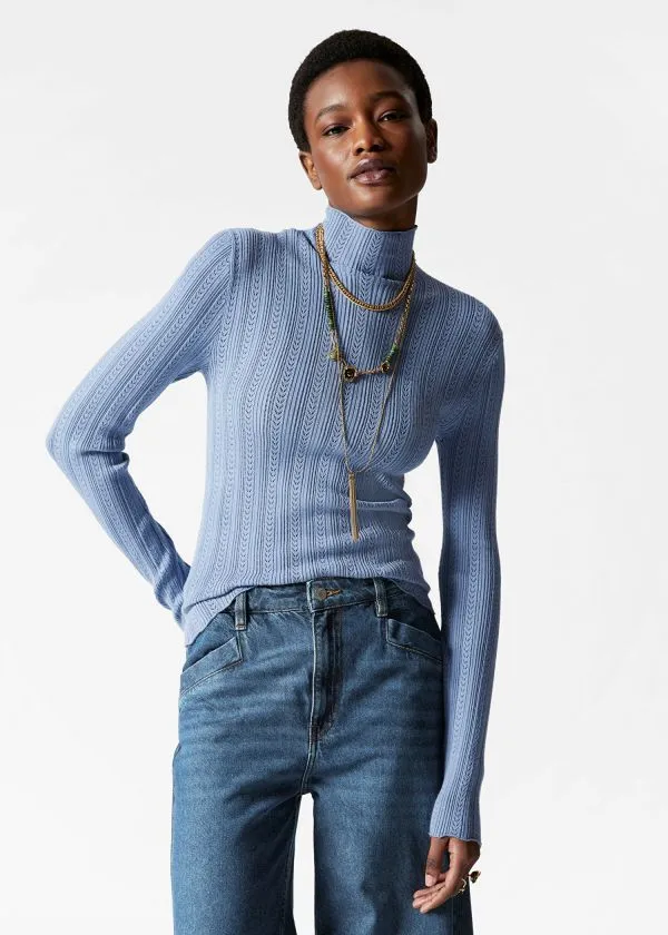 and Other Stories PointelleKnit Turtleneck Top Blue Women Knitwear