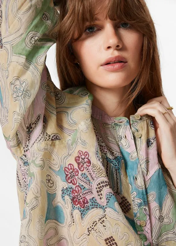 and Other Stories PuffSleeve Blouse Beigeandblue Pattern Women Blouses and Shirts