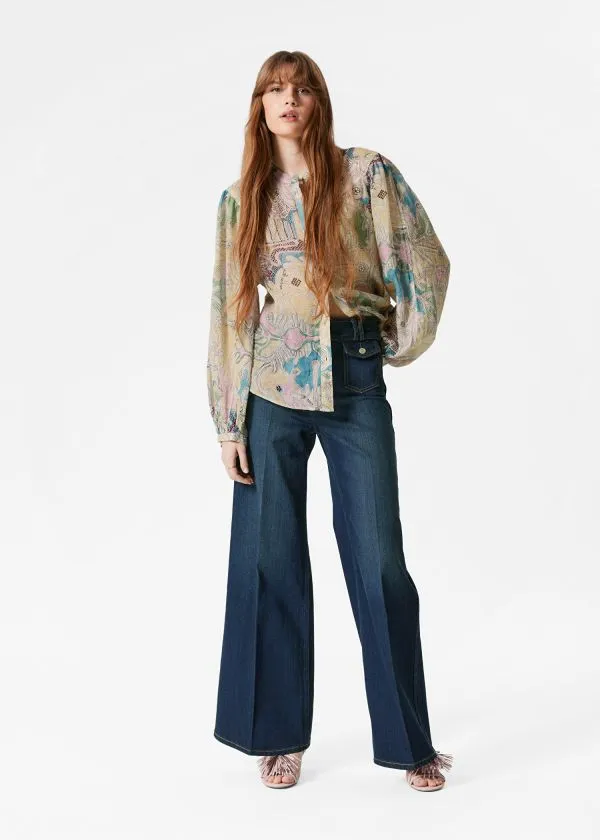 and Other Stories PuffSleeve Blouse Beigeandblue Pattern Women Blouses and Shirts
