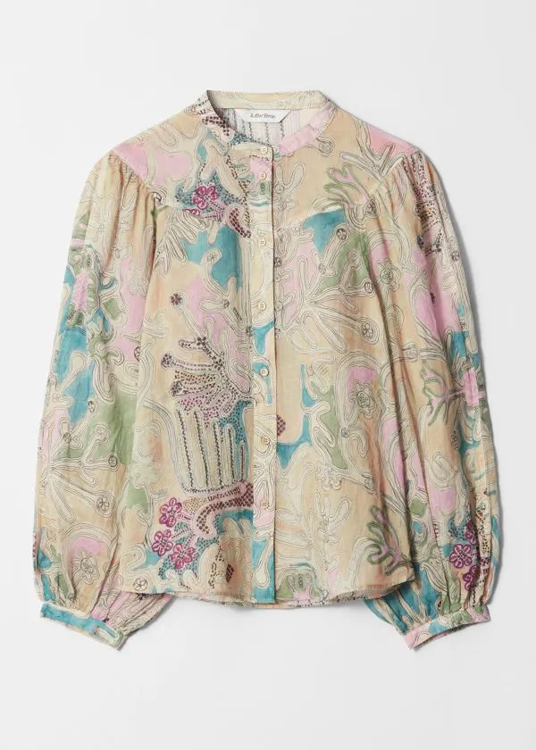 and Other Stories PuffSleeve Blouse Beigeandblue Pattern Women Blouses and Shirts