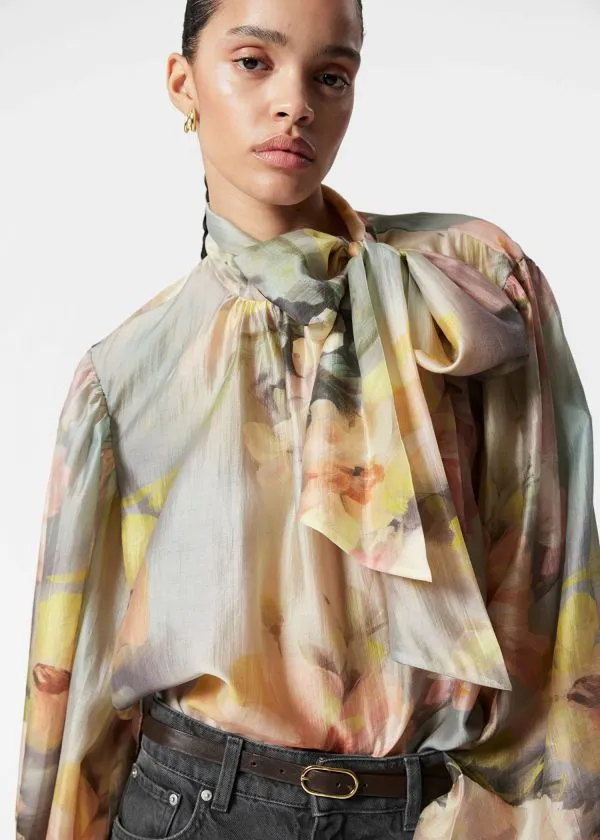 and Other Stories PuffSleeve BowDetail Blouse Tan Women Blouses and Shirts
