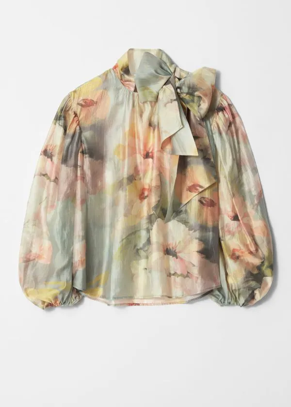 and Other Stories PuffSleeve BowDetail Blouse Tan Women Blouses and Shirts