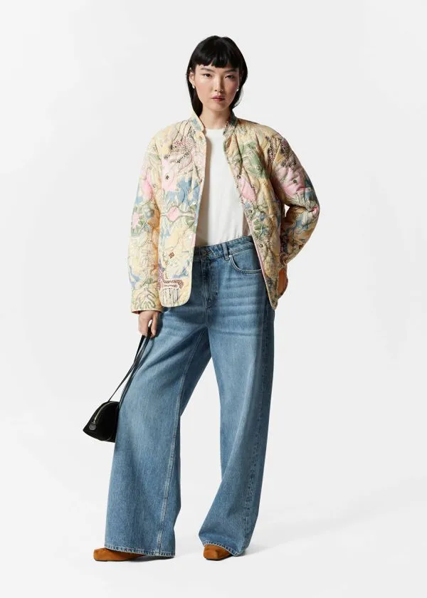and Other Stories Quilted StandCollar Jacket Beige Paisley Pattern Women Jackets and Coats