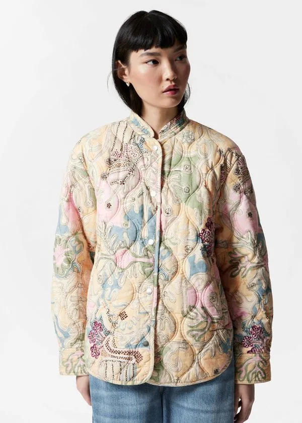 and Other Stories Quilted StandCollar Jacket Beige Paisley Pattern Women Jackets and Coats