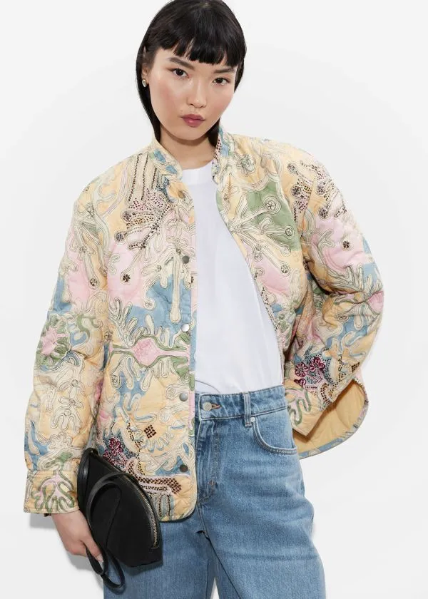 and Other Stories Quilted StandCollar Jacket Beige Paisley Pattern Women Jackets and Coats