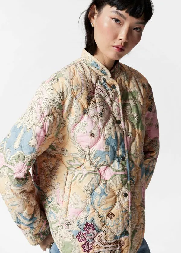 and Other Stories Quilted StandCollar Jacket Beige Paisley Pattern Women Jackets and Coats