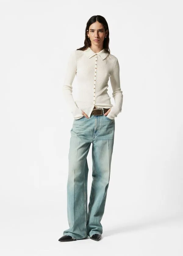 and Other Stories Ribbed ButtonDetail Top Cream Women Tops and Tshirts