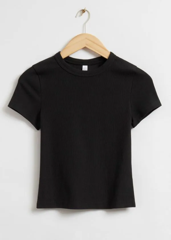 and Other Stories Ribbed Cropped TShirt Black Cotton Women Tops and Tshirts