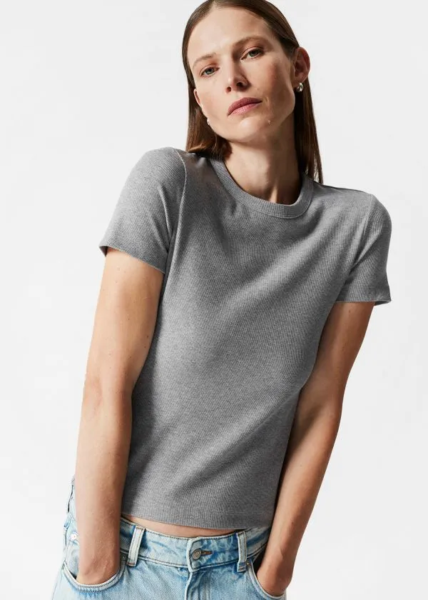 and Other Stories Ribbed Cropped TShirt Grey Melange Women Tops and Tshirts