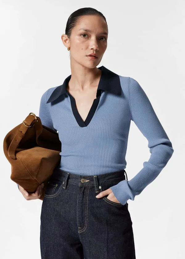 and Other Stories Ribbed Polo Top Blue Women Tops and Tshirts