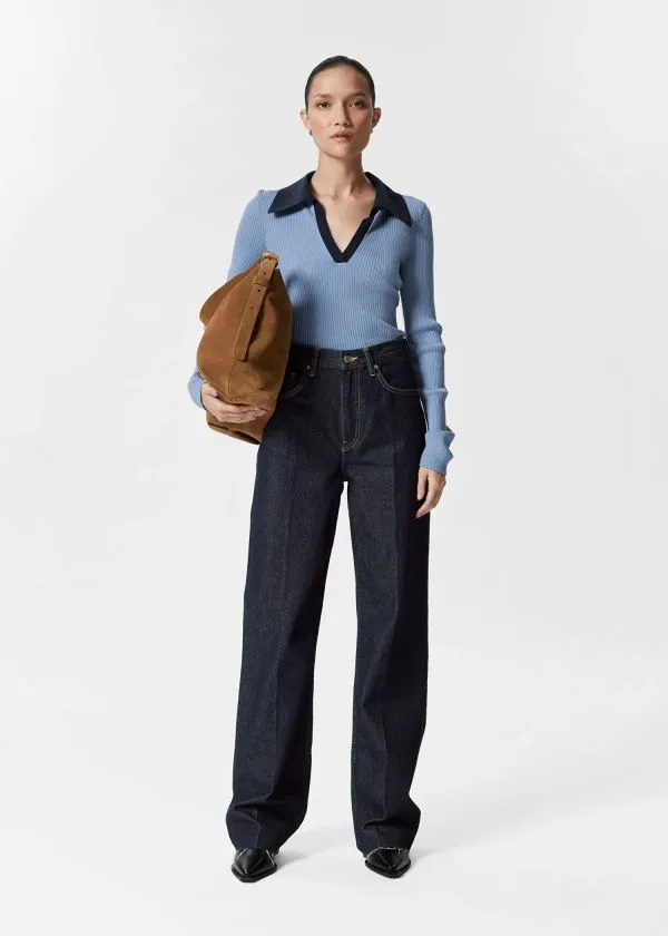 and Other Stories Ribbed Polo Top Blue Women Tops and Tshirts