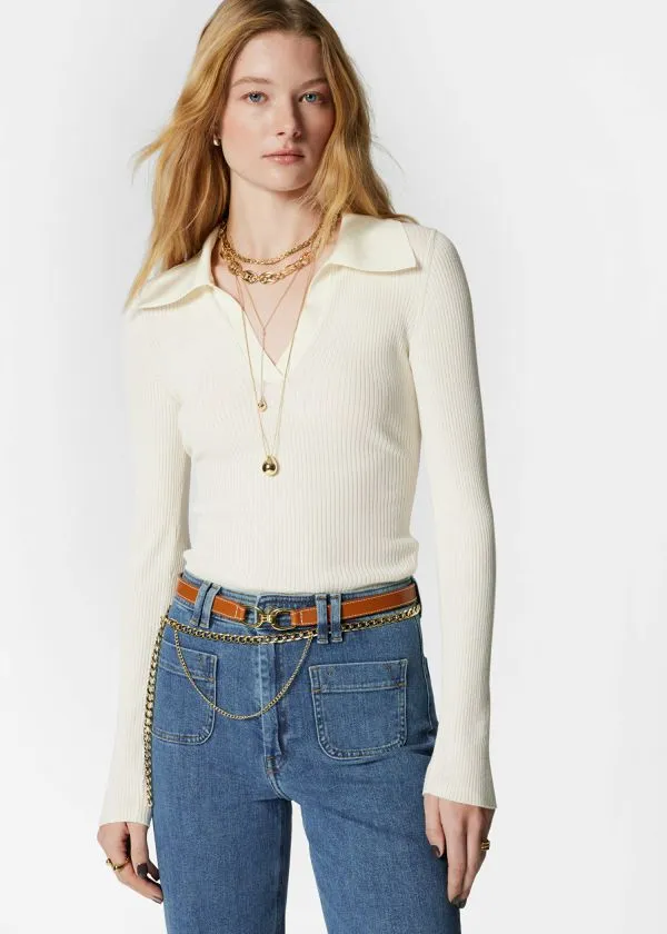 and Other Stories Ribbed Polo Top Ivory Women Tops and Tshirts