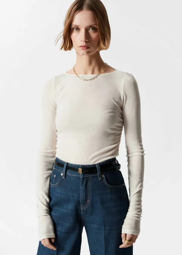 and Other Stories Ruched Boatneck Top Cream White Women Tops and Tshirts