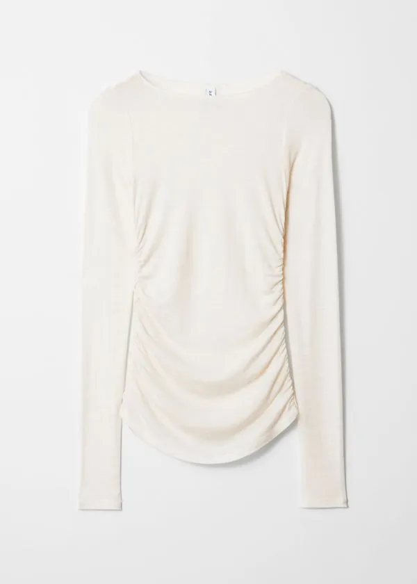 and Other Stories Ruched Boatneck Top Cream White Women Tops and Tshirts