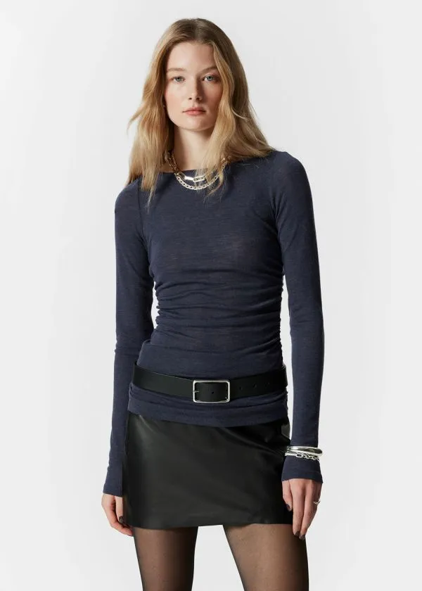 and Other Stories Ruched Boatneck Top Navy Blue Women Tops and Tshirts