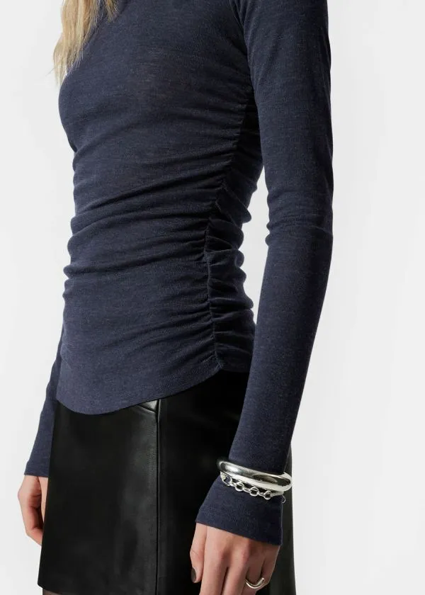 and Other Stories Ruched Boatneck Top Navy Blue Women Tops and Tshirts