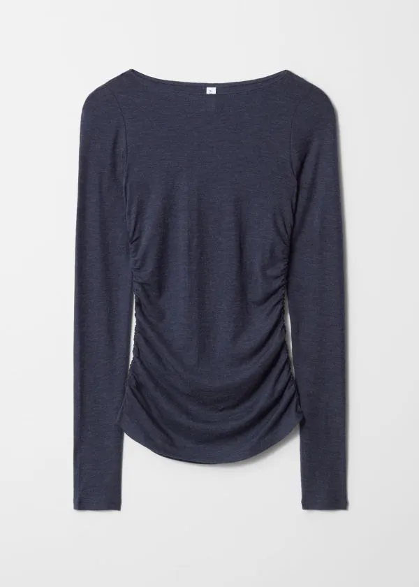 and Other Stories Ruched Boatneck Top Navy Blue Women Tops and Tshirts