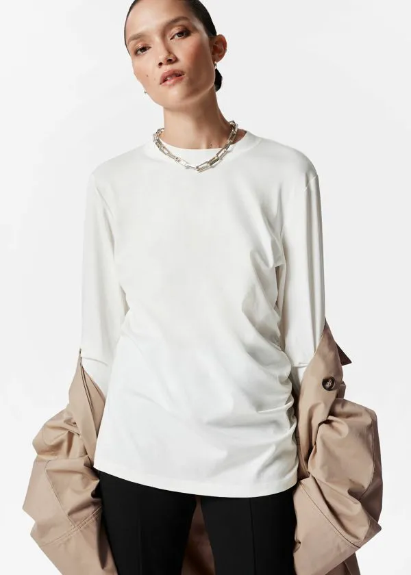 and Other Stories Ruched LongSleeve Top White Women Tops and Tshirts