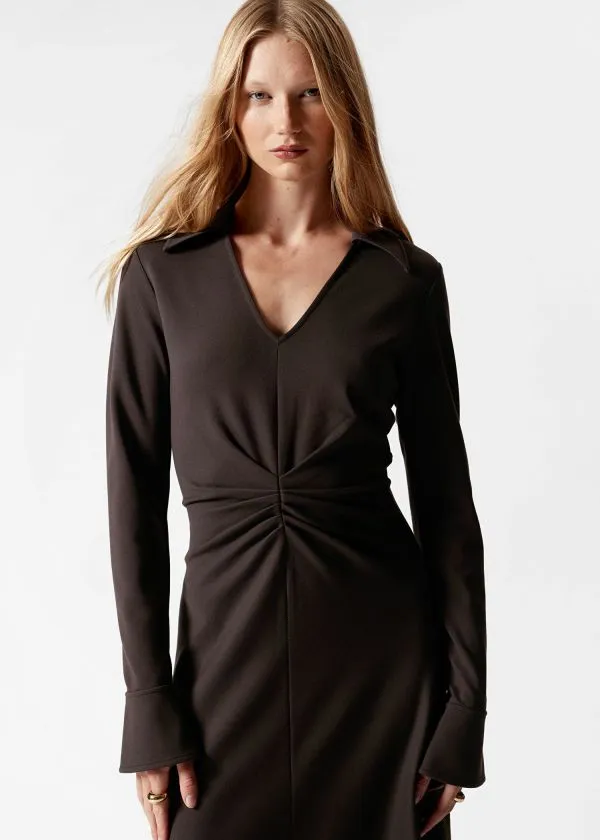 and Other Stories RuchedWaist Midi Shirt Dress Dark Brown Women Dresses