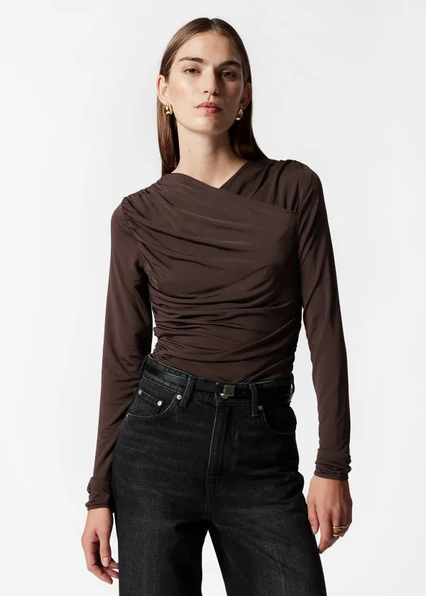 and Other Stories Ruched Wrap Top Brown Women Tops and Tshirts