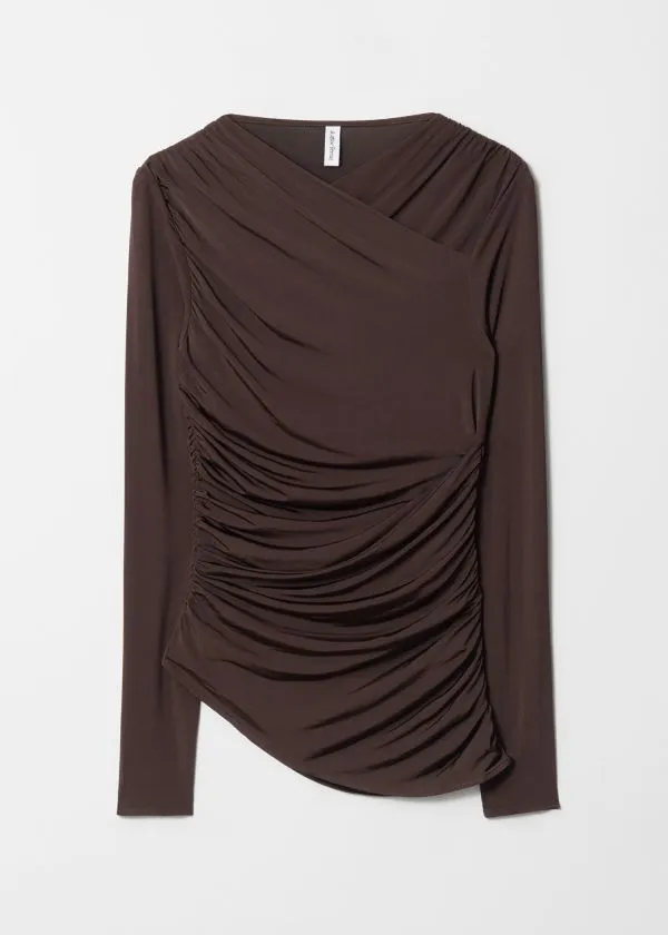 and Other Stories Ruched Wrap Top Brown Women Tops and Tshirts