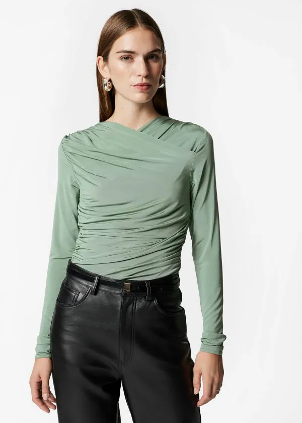 and Other Stories Ruched Wrap Top Green Women Tops and Tshirts