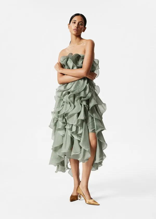 and Other Stories Ruffled Chiffon Midi Dress Khaki Women Dresses