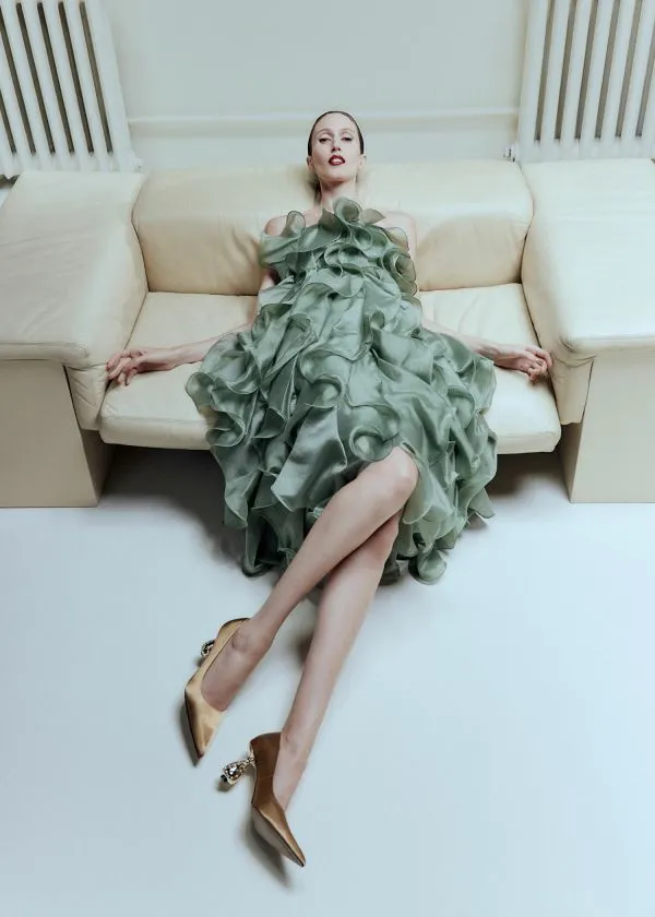 and Other Stories Ruffled Chiffon Midi Dress Khaki Women Dresses