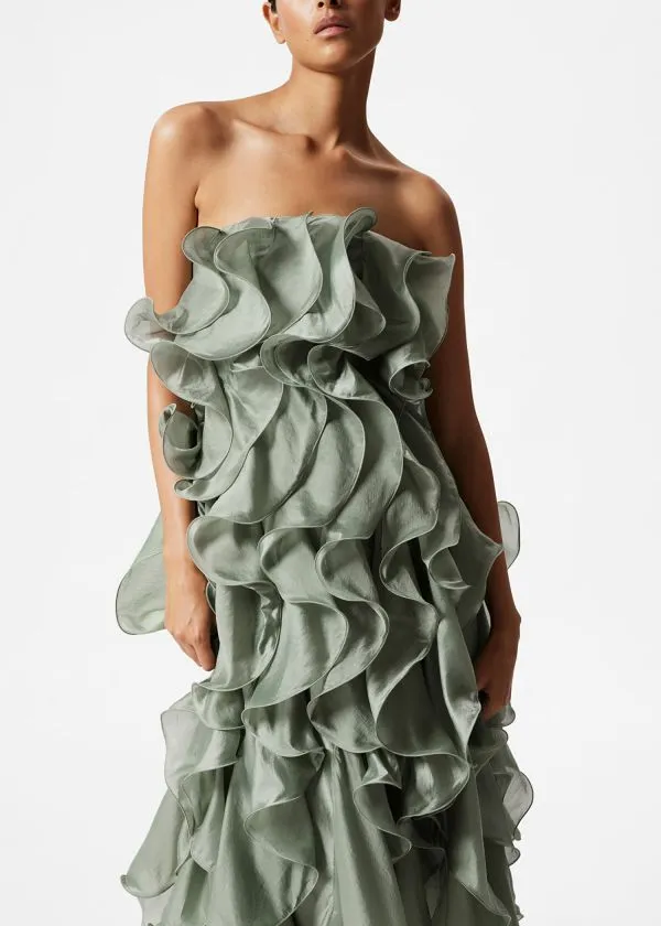 and Other Stories Ruffled Chiffon Midi Dress Khaki Women Dresses