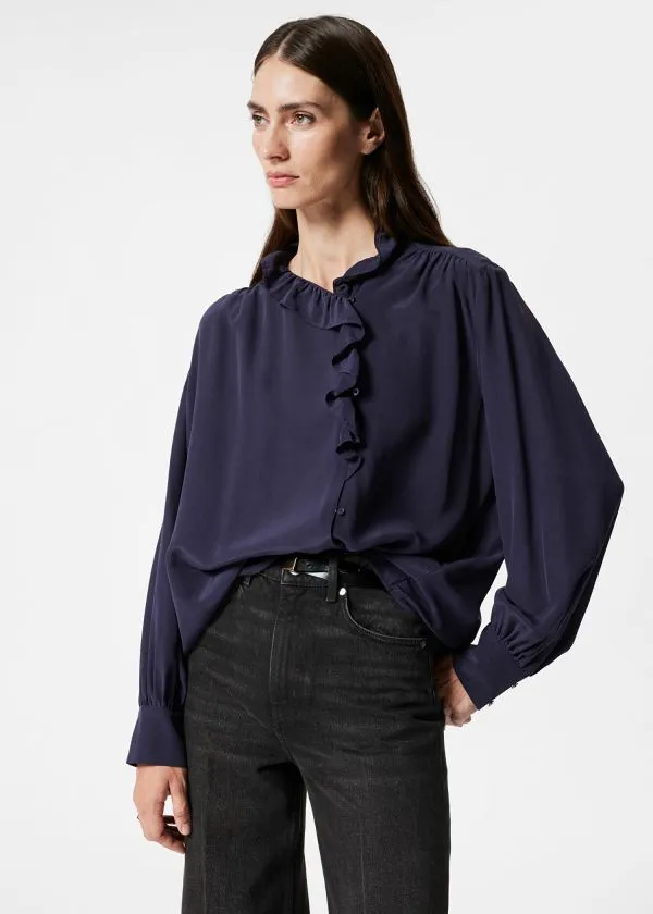 and Other Stories Ruffled Silk Blouse Navy Women Blouses and Shirts