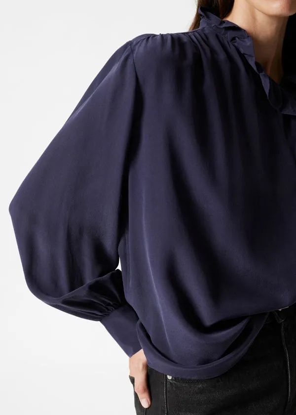 and Other Stories Ruffled Silk Blouse Navy Women Blouses and Shirts