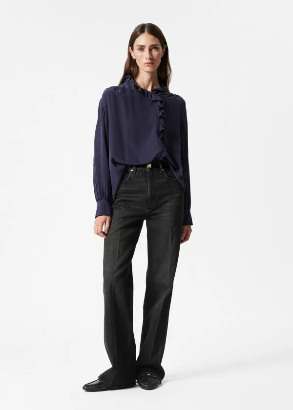 and Other Stories Ruffled Silk Blouse Navy Women Blouses and Shirts