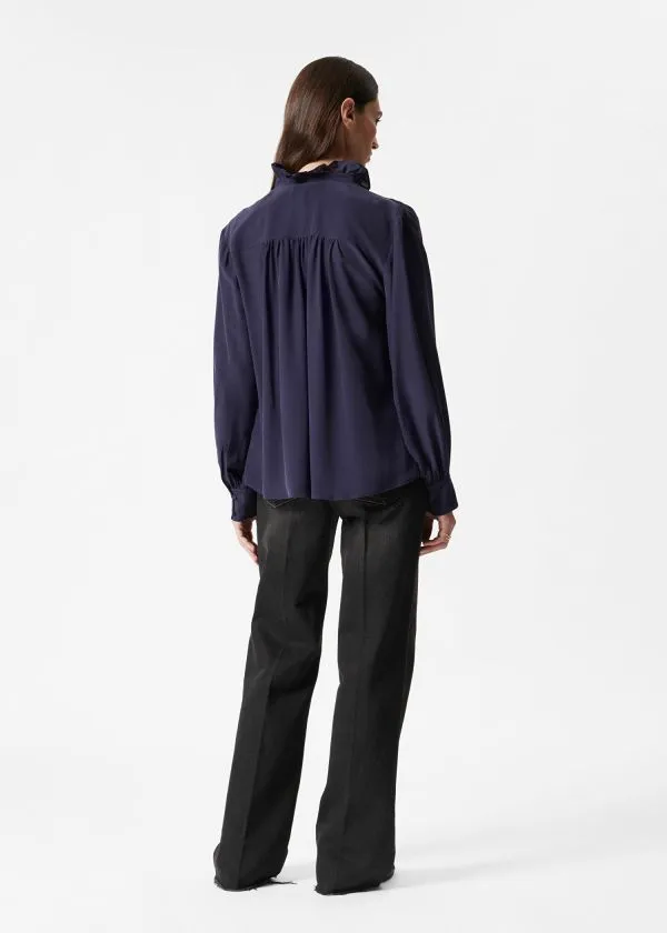 and Other Stories Ruffled Silk Blouse Navy Women Blouses and Shirts