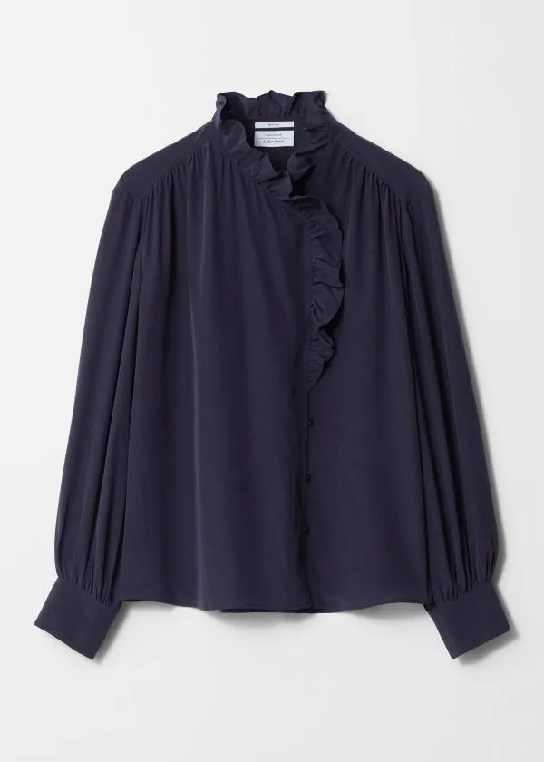 and Other Stories Ruffled Silk Blouse Navy Women Blouses and Shirts