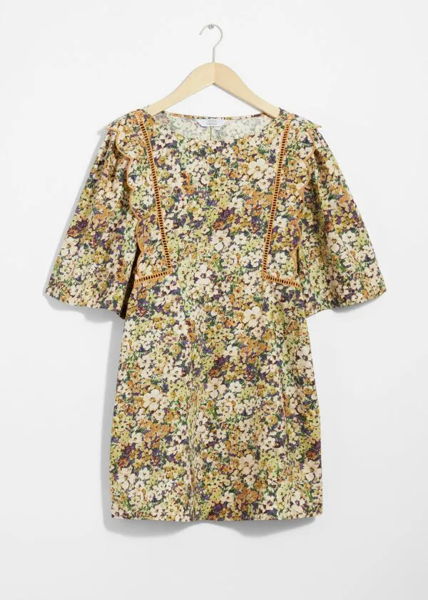 and Other Stories Scalloped Mini Dress Yellow Florals Women Dresses