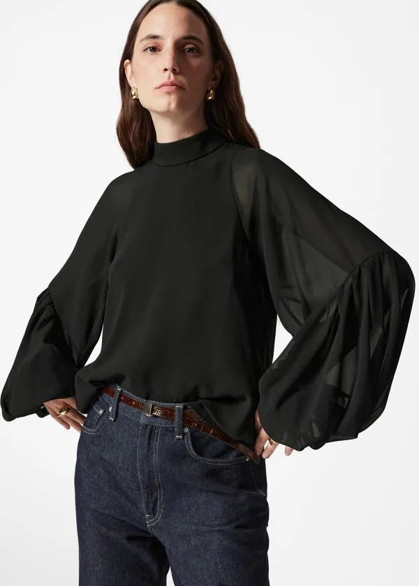 and Other Stories Sheer PuffSleeve Blouse Black Women Blouses and Shirts