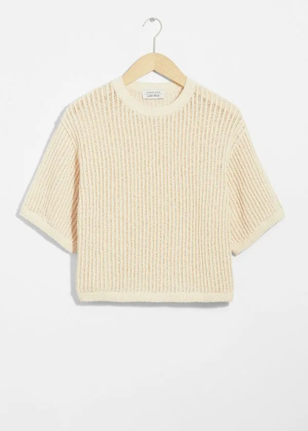 and Other Stories Sheer RibKnit TShirt Cream Women Tops and Tshirts