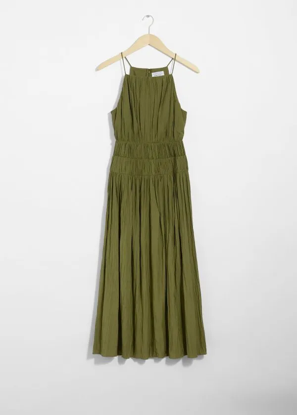 and Other Stories Shirred Sleeveless Midi Dress Green Women Dresses