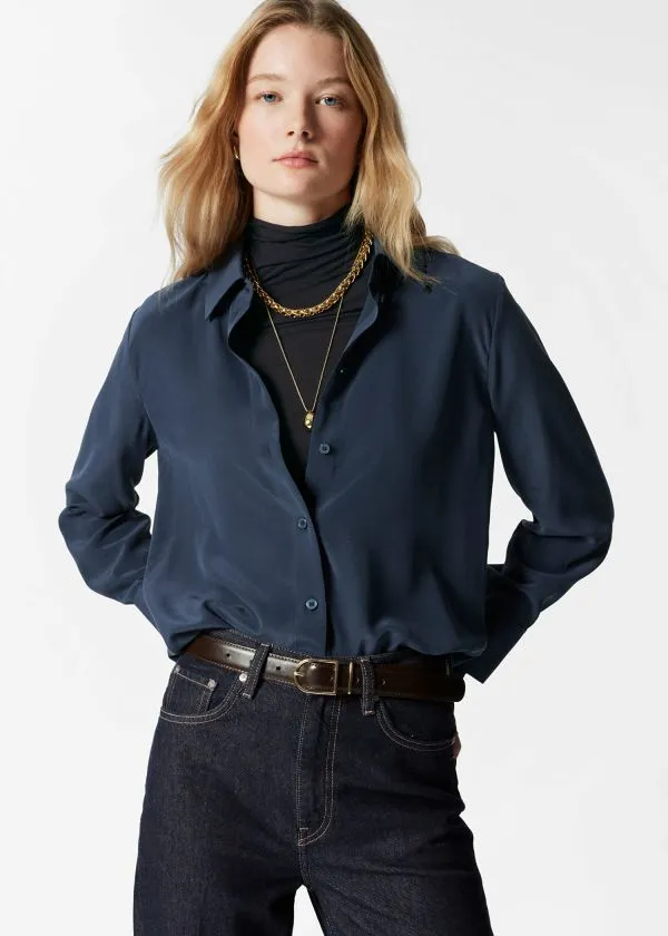 and Other Stories Silk Shirt Dark Blue Women Blouses and Shirts