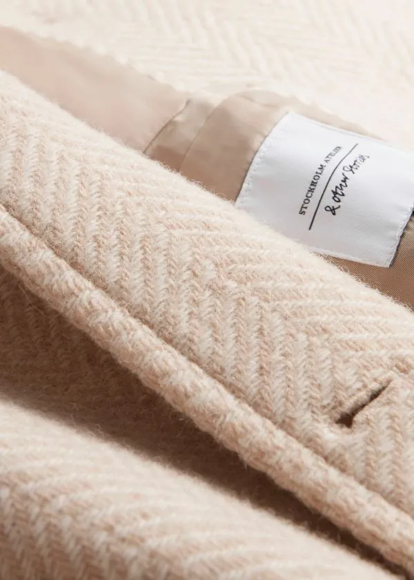 and Other Stories SingleBreasted MidLength Wool Coat Cream Herringbonepatterned Women Jackets and Coats