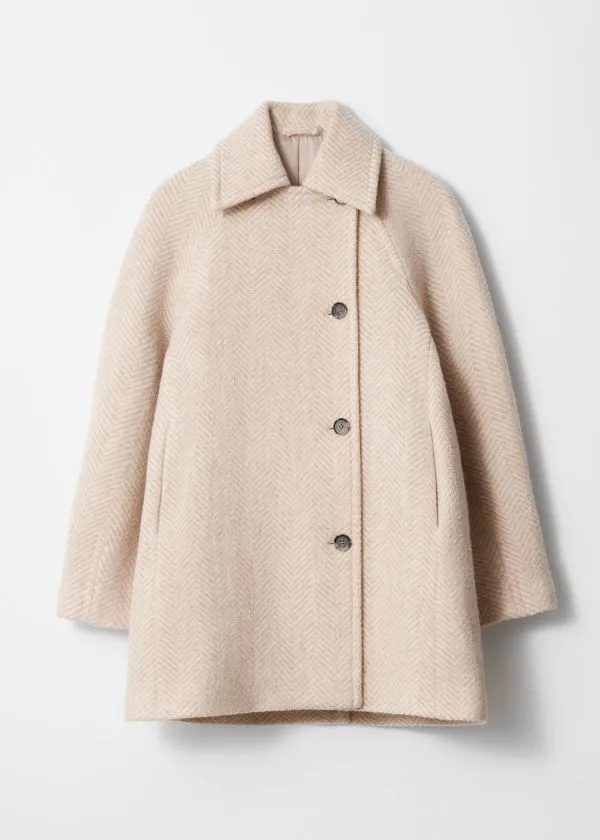 and Other Stories SingleBreasted MidLength Wool Coat Cream Herringbonepatterned Women Jackets and Coats