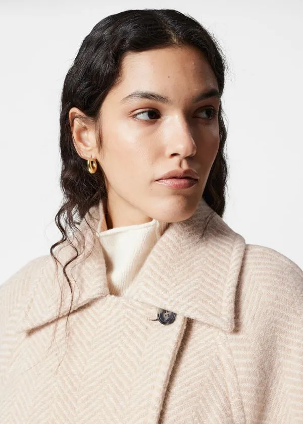 and Other Stories SingleBreasted MidLength Wool Coat Cream Herringbonepatterned Women Jackets and Coats